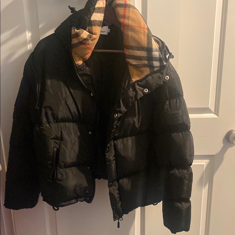 Black Puffer Jacket with Plaid Lining